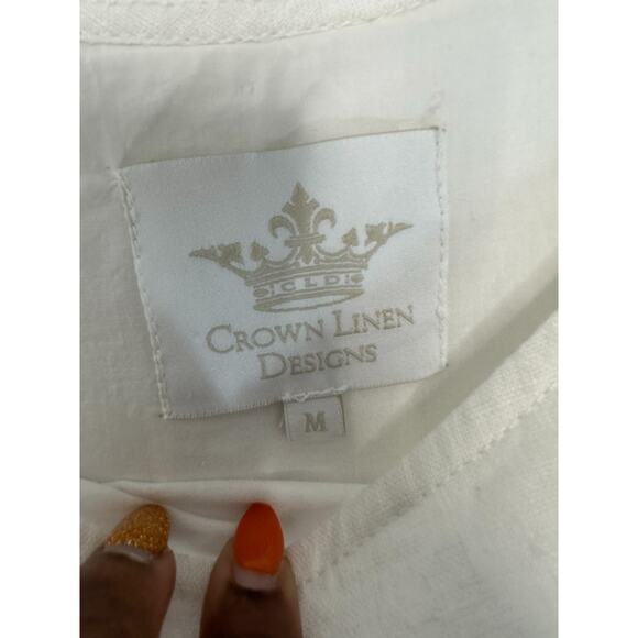 Crown Linen Designs White Lagenlook Coastal Natural Bell Sleeve Dress Size M - Picture 2 of 11